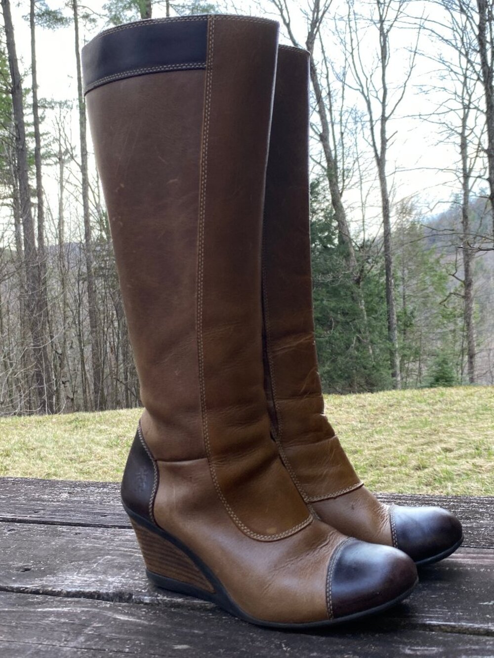 Vintage Fly London Two Tone Leather Wedge Full Zip tall Boots-Size 39/8.5 USA - Picture 2 of 7